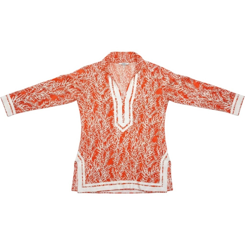Tory Burch Orange Coral Print Cotton Tunic Top Herringbone Trim Size 8